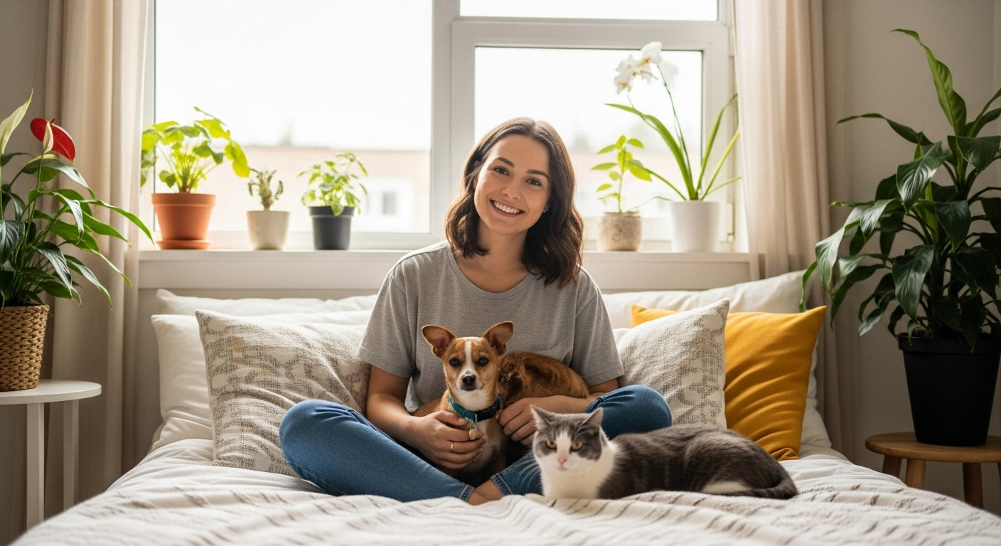 Woman sitting on bed with dog and cat — representing Nazarn’s family-first values and everyday lifestyle support