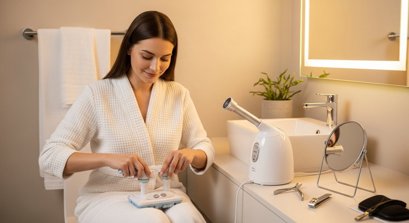 Woman using facial and body care tools in bathroom — self-care made simple
