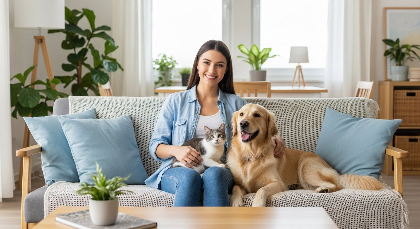 Happy woman relaxing with dog and cat — representing Nazarn’s curated everyday essentials for home, pets, and wellness